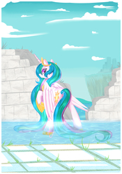 Size: 4260x6100 | Tagged: safe, artist:xwhitedreamsx, princess celestia, g4, absurd resolution, female, long mane, looking at you, looking back, messy mane, raised hoof, ruins, solo, water, wet mane