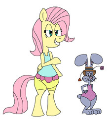 Size: 1285x1413 | Tagged: safe, artist:hunterxcolleen, fluttershy, pegasus, pony, rabbit, anthro, plantigrade anthro, g4, anthro with ponies, bikini, bipedal, clothes, crossover, don bluth, duo, duo female, female, mare, minnie rabbit, one-piece swimsuit, out of character, rock-a-doodle, swimsuit