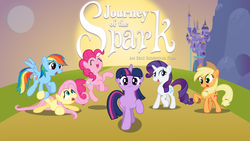 Size: 1024x576 | Tagged: dead source, safe, artist:cooltomorrowkid, applejack, fluttershy, pinkie pie, rainbow dash, rarity, twilight sparkle, earth pony, pegasus, pony, unicorn, journey of the spark, g4, canterlot, female, mane six, mare