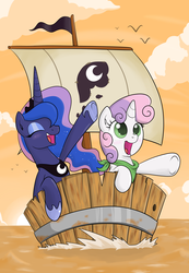 Size: 2150x3100 | Tagged: safe, artist:thebrokencog, princess luna, sweetie belle, alicorn, pony, unicorn, g4, boat, duo, duo female, female, filly, foal, happy, high res, mare, song in the comments