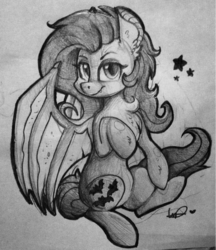 Size: 838x971 | Tagged: safe, artist:shyshyoctavia, fluttershy, g4, female, flutterbat, grayscale, monochrome, solo, traditional art