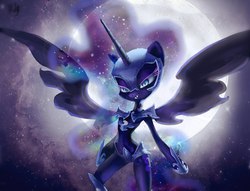 Size: 1280x977 | Tagged: safe, artist:holivi, nightmare moon, alicorn, pony, semi-anthro, g4, armor, bipedal, female, impossibly narrow waist, midriff, moon, night, solo, spread wings, stylized, thin, unconvincing armor