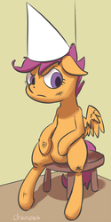 Size: 449x900 | Tagged: safe, artist:draneas, scootaloo, g4, 30 minute art challenge, angry, detention, dunce hat, female, hat, sitting, solo