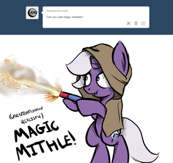 Size: 1314x1236 | Tagged: safe, artist:artguydis, oc, oc only, oc:disastral, pony, ask disastral, bipedal, broken horn, caption, clothes, fireworks, hood, horn, magic missile, robe, roman candle, simple background
