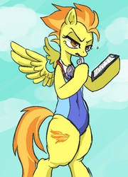 Size: 500x695 | Tagged: dead source, safe, artist:semi-kon, spitfire, pony, g4, belly button, bipedal, clothes, female, one-piece swimsuit, pixiv, solo, stupid sexy spitfire, swimsuit, whistle