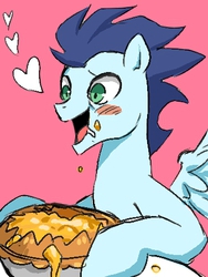 Size: 359x477 | Tagged: dead source, safe, artist:semi-kon, soarin', g4, blushing, eating, happy, heart, male, pie, pixiv, solo, that pony sure does love pies