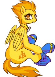 Size: 500x695 | Tagged: dead source, safe, artist:semi-kon, spitfire, pegasus, pony, g4, dress up, female, looking at you, looking back, pixiv, simple background, solo, stupid sexy spitfire, undressing, wonderbolts uniform