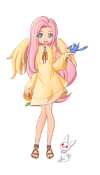 Size: 1233x2151 | Tagged: safe, artist:angriestangryartist, edit, angel bunny, fluttershy, bird, human, g4, anime, blushing, clothes, dress, humanized, sandals, winged humanization
