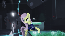 Size: 1920x1080 | Tagged: safe, artist:bronyjunk, fluttershy, g4, clothes, female, headset, science fiction, solo