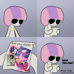 Size: 2000x2000 | Tagged: safe, applejack, cheerilee, discord, rarity, sweetie belle, g4, 70s, 80s, 80s cheerilee, afro, disco belle, exploitable meme, funky, high res, meme, pony club, radio brony, smeel, sunglasses, sweetie's note meme