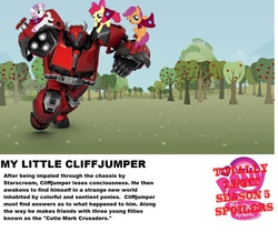 Size: 1297x1082 | Tagged: safe, apple bloom, scootaloo, sweetie belle, g4, cliffjumper, cutie mark crusaders, text, totally legit season 5 spoilers, transformers, wat