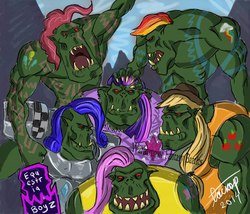 Size: 1199x1024 | Tagged: safe, artist:warboss, ork, g4, crossover, logo parody, mane six opening poses, my little x, ohgodwhat, orks in the comments, waaagh!, warhammer (game), warhammer fantasy, watermark