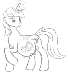 Size: 1145x1211 | Tagged: safe, artist:patch, lyra heartstrings, g4, belly, fetus, looking down, magic, monochrome, pregnant, raised hoof, sketch, smiling