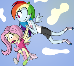 Size: 2421x2142 | Tagged: safe, artist:liggliluff, fluttershy, rainbow dash, human, equestria girls, g4, assisted exposure, blue underwear, blushing, clothes, cloud, cloudy, embarrassed, embarrassed underwear exposure, female, flying, high res, humanized, panties, skirt, sky, tank top, underwear, upskirt, winged humanization