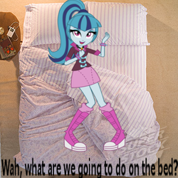 Size: 350x350 | Tagged: safe, sonata dusk, equestria girls, g4, my little pony equestria girls: rainbow rocks, bed, female, high ponytail, image macro, long hair, meme, on bed, pillow, pomf, ponytail, solo, what are we gonna do on the bed?
