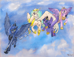 Size: 3300x2550 | Tagged: safe, artist:peichenphilip, princess cadance, princess celestia, princess luna, twilight sparkle, alicorn, pony, g4, alicorn tetrarchy, featured image, female, flying, high res, looking at you, mare, open mouth, smiling, spread wings, traditional art, twilight sparkle (alicorn), watercolor painting