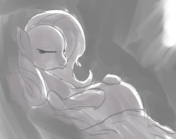 Size: 1455x1151 | Tagged: safe, artist:patch, fluttershy, g4, belly, eyes closed, female, grayscale, monochrome, on back, pregnant, sketch, sleeping, smiling, solo