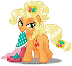 Size: 1280x1162 | Tagged: safe, artist:aleximusprime, applejack, earth pony, pony, g4, alternate hairstyle, applejewel, bedroom eyes, butt, clothes, dress, female, grin, looking back, mare, mouth hold, plot, simple background, smiling, solo, transparent background