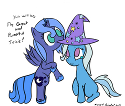 Size: 1100x934 | Tagged: safe, artist:microgrid, princess luna, trixie, g4, filly, mouth hold, simple background, woona