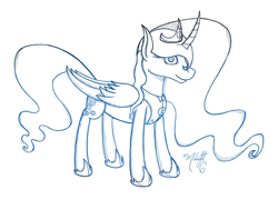 Size: 1000x716 | Tagged: safe, artist:midnightsix3, princess luna, lunadoodle, g4, curved horn, female, horn, monochrome, solo