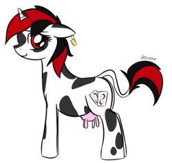 Size: 3200x3025 | Tagged: safe, artist:jetwave, oc, oc only, oc:blackjack, cow, cow pony, pony, unicorn, fallout equestria, fallout equestria: project horizons, fanfic, fanfic art, female, high res, hooves, horn, mare, solo, species swap, udder
