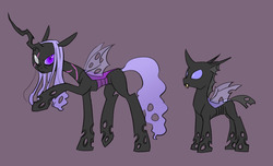 Size: 1281x780 | Tagged: safe, artist:carnifex, oc, oc only, oc:lacera, changeling, changeling queen, blind, blind eye, changeling queen oc, eye scar, female, frown, glare, lacera hive, looking at you, purple background, purple changeling, raised hoof, scar, simple background