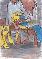 Size: 2476x3480 | Tagged: safe, artist:zubias, oc, oc only, oc:fool's gold, oc:tripwire, fallout equestria, high res, kissing, traditional art