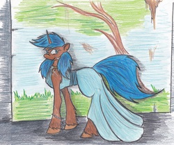 Size: 2945x2463 | Tagged: safe, artist:zubias, oc, oc only, oc:tripwire, pony, unicorn, fallout equestria, clothes, dress, high res, traditional art