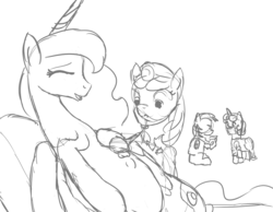 Size: 1345x1045 | Tagged: safe, artist:patch, apple bloom, princess luna, scootaloo, sweetie belle, g4, auscultation, belly, doctor, head mirror, kicking, laughing, listening, monochrome, playing doctor, pregnant, sketch, stethoscope