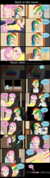 Size: 3950x13930 | Tagged: dead source, safe, artist:garretthegarret, fluttershy, rainbow dash, comic:a weekend away, equestria girls, g4, alternate hairstyle, barefoot, bed, clothes, comic, feet, hot, hotel room, human coloration, ice, pajamas, sweat, toothbrush, vacation