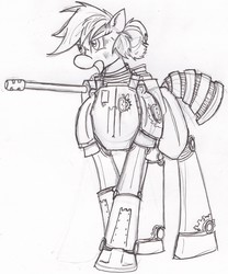 Size: 1280x1537 | Tagged: safe, artist:zubias, oc, oc only, fallout equestria, armor, gun, monochrome, powered exoskeleton, solo, steel ranger, traditional art