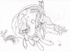 Size: 1280x920 | Tagged: safe, artist:zubias, oc, oc only, merpony, monochrome, traditional art, underwater