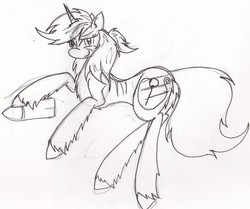 Size: 1280x1071 | Tagged: safe, artist:zubias, oc, oc only, oc:tripwire, pony, unicorn, fallout equestria, butt, female, monochrome, plot, scar, solo, traditional art