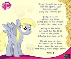 Size: 940x788 | Tagged: safe, gameloft, derpy hooves, pegasus, pony, g4, official, box, facebook, female, logo, mare, muffin, my little pony logo, poem, pony in a box, smiling, solo, spread wings, text
