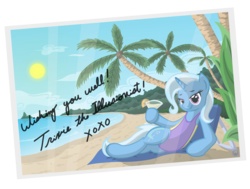 Size: 4500x3400 | Tagged: safe, artist:template93, trixie, pony, unicorn, g4, beach, clothes, commission, drink, female, mare, ocean, one-piece swimsuit, palm tree, postcard, solo, swimsuit, tree