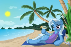 Size: 4500x3000 | Tagged: safe, artist:template93, trixie, pony, unicorn, g4, beach, clothes, drink, female, mare, ocean, one-piece swimsuit, palm tree, solo, swimsuit, tree
