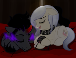 Size: 750x579 | Tagged: safe, artist:tambelon, king sombra, oc, oc:opalescent pearl, crystal pony, pony, ask opalescent pearl, g4, canon x oc, collar, curved horn, dark magic, horn, magic, shipping, singing, slave, sleeping, sombra eyes, sombralescent, watermark