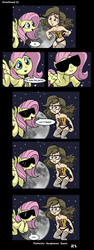 Size: 600x1594 | Tagged: safe, artist:ian samson, fluttershy, human, g4, :i, city of reality, clothes, corset, frown, glare, hoof hold, moon, panties, pun, smiling, space, spread wings, stockings, striped underwear, sunglasses, thigh highs, unamused, underwear