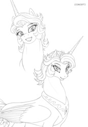 Size: 966x1400 | Tagged: safe, artist:leovictor, princess celestia, alicorn, pony, g4, alternate hairstyle, female, lineart, looking at you, monochrome, open mouth, portrait, short hair, smiling, solo