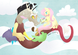 Size: 2200x1550 | Tagged: safe, artist:hellticket, discord, fluttershy, g4, cute, discute, eye contact, female, floral head wreath, flower, flying, heart, heart eyes, male, open mouth, ship:discoshy, shipping, smiling, spread wings, straight, wingding eyes