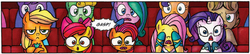 Size: 1000x217 | Tagged: safe, idw, official comic, apple bloom, applejack, babs seed, fluttershy, rarity, g4, spoiler:comic, spoiler:comic21, applejack is not amused, audience reaction, cinema, movies, template, unamused