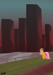 Size: 793x1122 | Tagged: safe, artist:mang, fluttershy, g4, beanie, city, clothes, female, hat, solo, sunset