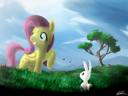 Size: 1024x768 | Tagged: safe, artist:azuredash, angel bunny, fluttershy, g4, broken perspective, digital art