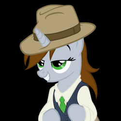 Size: 1191x1191 | Tagged: safe, artist:teschke, oc, oc only, oc:littlepip, pony, unicorn, fallout equestria, black background, clothes, fanfic, fanfic art, fedora, female, hat, hooves, horn, mare, simple background, smiling, solo, stay classy, teeth