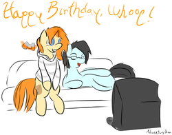 Size: 3931x3078 | Tagged: safe, artist:adventusdawn, oc, oc only, oc:gray dawn, oc:whoop, birthday, high res, relaxing, video game