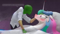 Size: 2000x1125 | Tagged: source needed, safe, artist:remi721, princess celestia, oc, oc:anon, human, pony, g4, accidental innuendo, bed, blanket, blushing, broken glass, clothes, crush, cute, cutelestia, dialogue, duo, embarrassed, female, fever, floppy ears, gloves, heart, human fetish, idiot, male, mare, messy mane, not a fever, oblivious, oblivious comment, on back, pony sized pony, rubbing, scrunchy face, sexually oblivious, sick, thermometer, wallpaper, wavy mouth, wide eyes