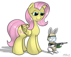 Size: 2500x2000 | Tagged: safe, artist:malamol, angel bunny, fluttershy, g4, gun, high res