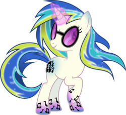 Size: 6500x5907 | Tagged: safe, artist:theshadowstone, dj pon-3, vinyl scratch, pony, unicorn, g4, absurd resolution, cutie mark, female, glowing horn, hooves, horn, magic, mare, rainbow power, rainbow power-ified, simple background, smiling, solo, sunglasses, transparent background, vector
