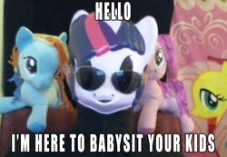 Size: 872x603 | Tagged: safe, twilight sparkle, human, g4, funrise, irl, irl human, male, mask, photo, plushie, solo, sunglasses, text