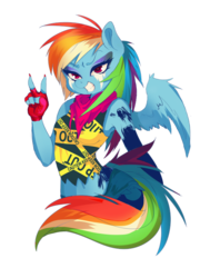 Size: 600x795 | Tagged: safe, artist:buttermutt, rainbow dash, anthro, g4, caution tape, clothes, fashion, female, fingerless gloves, gloves, nail polish, peace sign, police tape, solo, tape